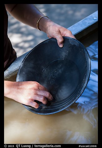 Hands holding pan, Gold Bug Mine, Placerville. California, USA (color)