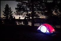 Tent and Prosser Reservoir at night, Tahoe National Forest. California, USA ( color)