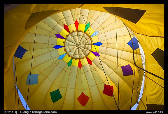 Looking up inside yellow hot air balloon. California, USA (color)