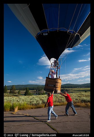 Helpers pull hot air balloon, Tahoe National Forest. California, USA (color)