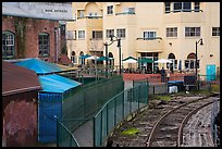 Historic, modern buildings, railroad tresle. Petaluma, California, USA ( color)