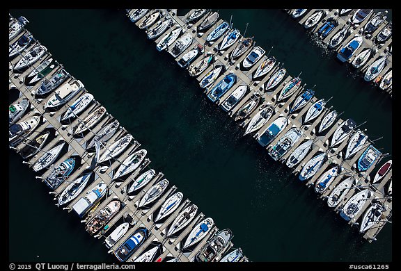 Aerial view of rows of yachts. Monterey, California, USA (color)