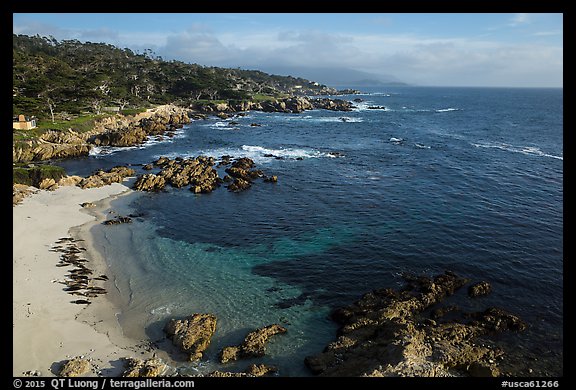 Aerial view of beach and costline, Cypress Point. Pebble Beach, California, USA (color)