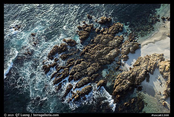 Aerial view of rocks, Cypress Point. Pebble Beach, California, USA (color)