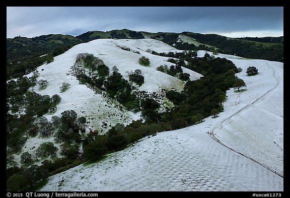 Aerial view of Evergreen Hills covered by hail. San Jose, California, USA