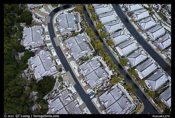 Aerial view of residences after hailstorm. San Jose, California, USA (color)