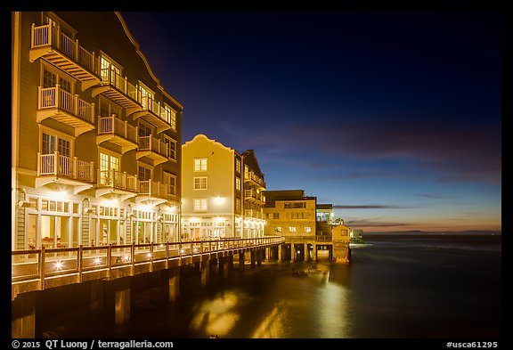 Waterfront hotels at night. Monterey, California, USA (color)
