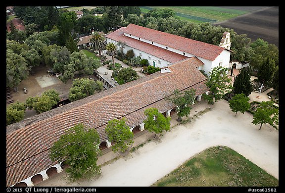 Aerial view of Mission San Juan arcades and church. San Juan Bautista, California, USA