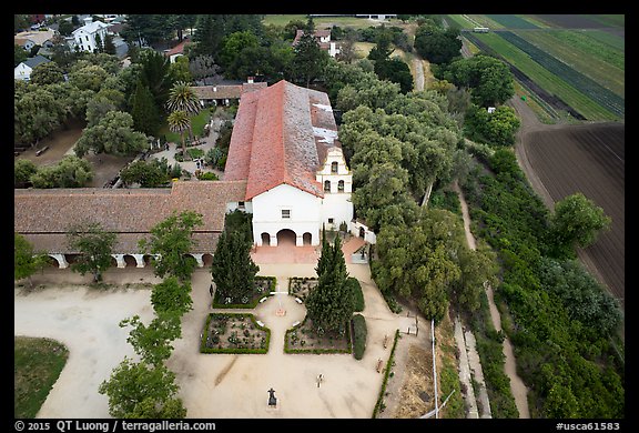 Aerial view of Mission San Juan and fields. San Juan Bautista, California, USA (color)