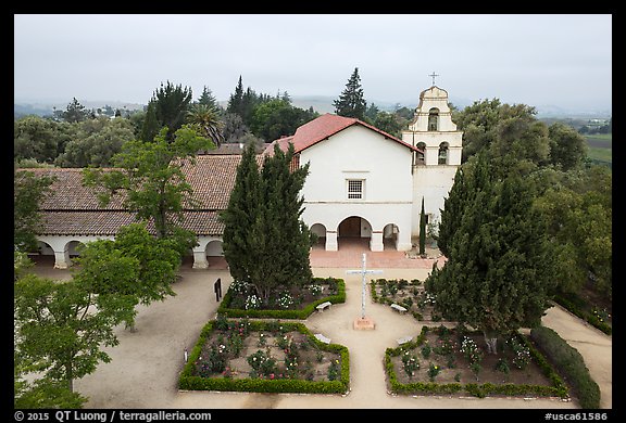 Aerial view of Mission San Juan church. San Juan Bautista, California, USA