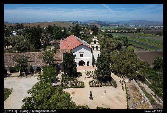Aerial view of Mission San Juan Bautista. San Juan Bautista, California, USA