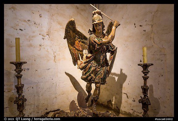 Statue of archangel San Miguel slaying dragon. California, USA (color)