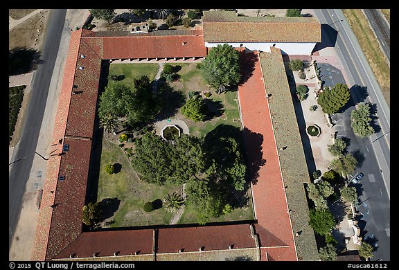 Aerial view of the four walls of Mission San Miguel. California, USA (color)