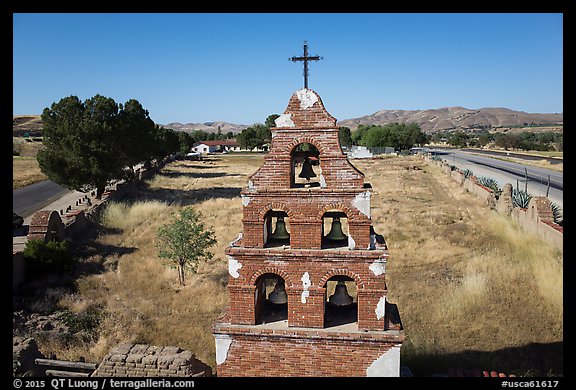 Aerial view of Mission San Miguel bell tower. California, USA