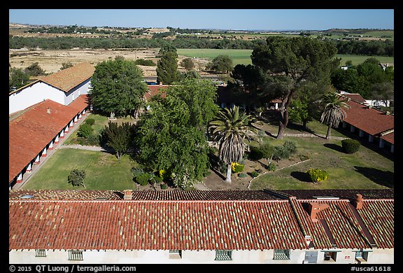 Aerial view of Mission San Miguel rooftops, church, and courtyard. California, USA