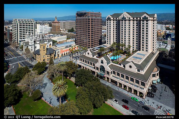Aerial view of Fairmont Hotel, San Jose Museum of Art, and downtown. San Jose, California, USA (color)