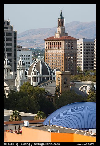 Rooftops of Tech Museum, San Jose Museum of Art, St Joseph Cathedral, and Bank of Italy building. San Jose, California, USA (color)