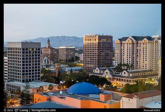 San Jose skyline at dusk with landmark downtown buildings. San Jose, California, USA (color)