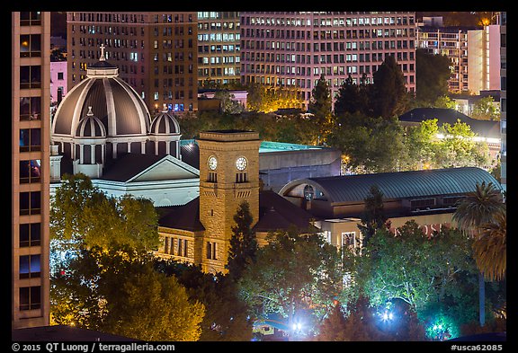 San Jose Museum of Art and St Joseph Cathedral at night from above. San Jose, California, USA (color)