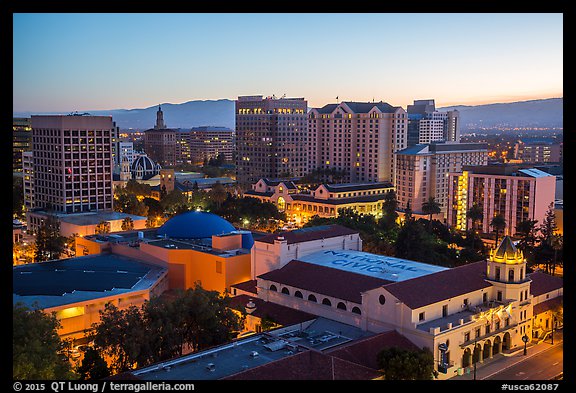 City National Civic and city skyline at dawn. San Jose, California, USA (color)