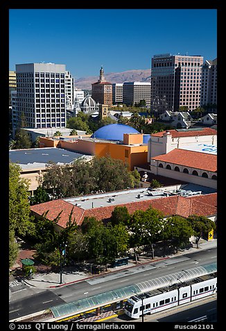 Light rail, Tech Museum and downtown skyline from above. San Jose, California, USA (color)