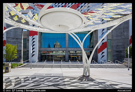 Modern sculpture and San Jose Mc Enery Convention Center. San Jose, California, USA (color)
