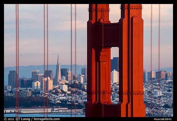 Golden Gate Bridge pillar and San Francisco skyline. San Francisco, California, USA (color)