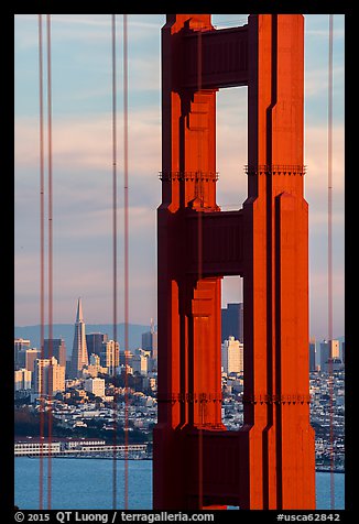 Golden Gate Bridge pillar and city skyline. San Francisco, California, USA (color)