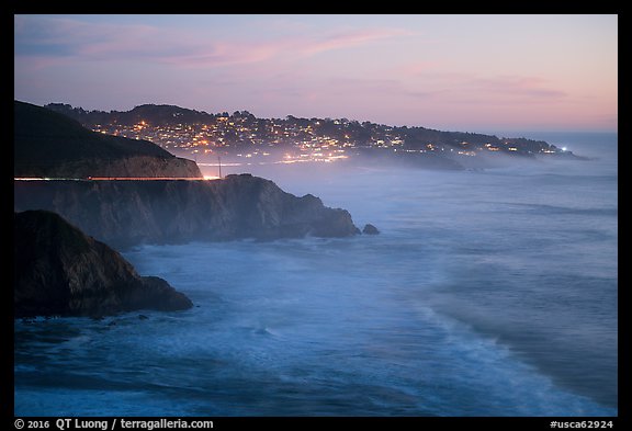 Coastline and Montara, dusk. San Mateo County, California, USA (color)
