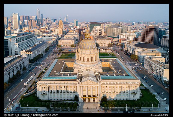 Aerial view of City Hall and Civic Center. San Francisco, California, USA (color)