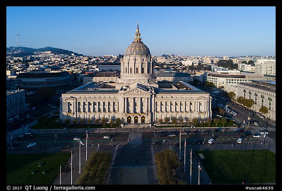 Aerial view of Civic Center Plaza and City Hall. San Francisco, California, USA (color)