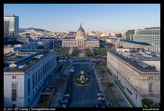 Aerial view of San Francisco Public Library, Asian Museum, and Civic Center. San Francisco, California, USA (color)