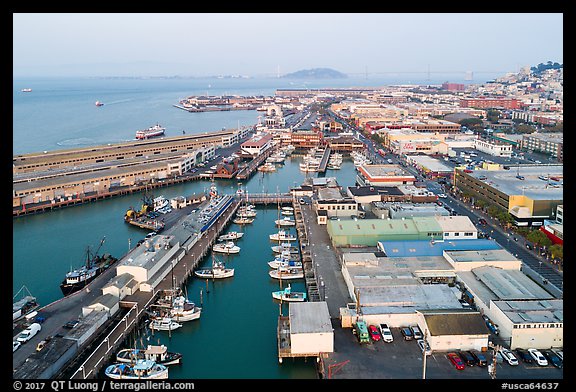 Aerial view of Fishermans Wharf fishering harbor. San Francisco, California, USA