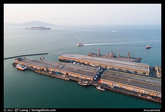 Aerial view of Pier 45 with SS Jeremiah OBrien. San Francisco, California, USA
