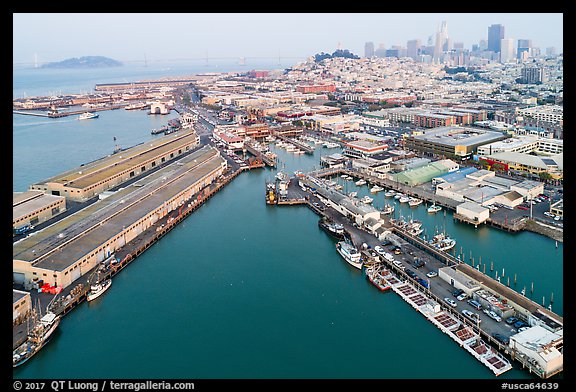 Aerial view of Fishermans Wharf and skyline. San Francisco, California, USA