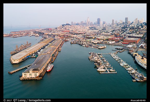 Aerial view of Pier 45 and Hyde Street Pier with skyline. San Francisco, California, USA