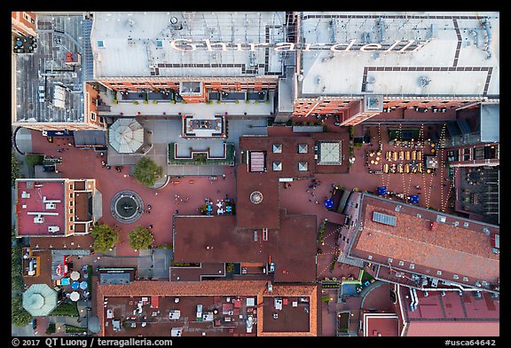 Aerial view of Ghirardelli Square courtyard looking down. San Francisco, California, USA (color)
