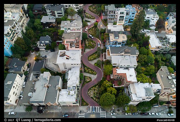 Aerial view of Lombard Street looking down. San Francisco, California, USA (color)