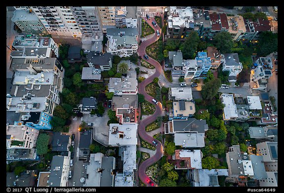 Aerial view of Lombard Street twists looking down. San Francisco, California, USA (color)