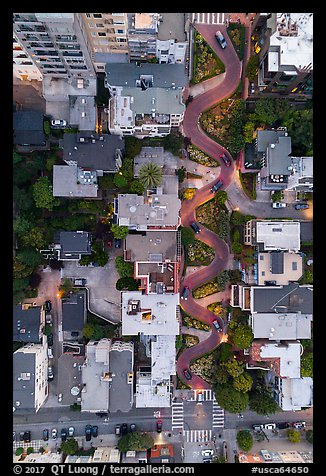 Aerial view of Lombard Street at dusk looking down. San Francisco, California, USA (color)