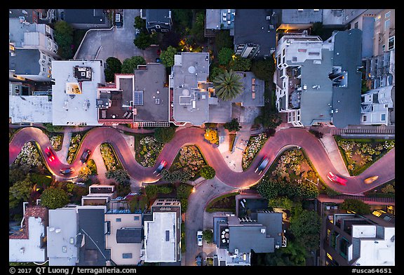 Aerial view of Lombard Street turns at dusk looking down. San Francisco, California, USA (color)