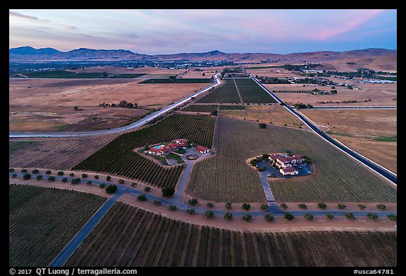 Aerial view of vineyards and wineries in summer, sunset. Livermore, California, USA