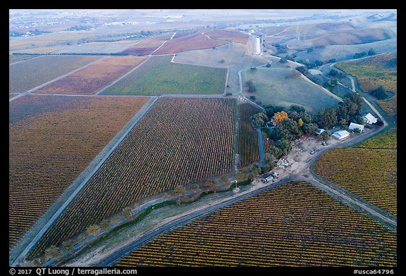 Aerial view of barns and  vineyards in autumn. Livermore, California, USA