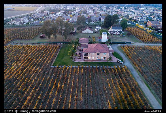 Aerial view of winery at the edge of suburban housing. Livermore, California, USA