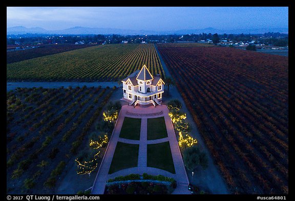 Aerial view of Concannon winery and vineyards at dusk. Livermore, California, USA (color)
