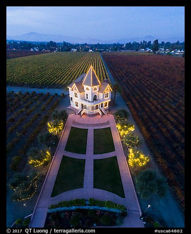 Aerial view of illuminated Concannon winery at dusk. Livermore, California, USA (color)
