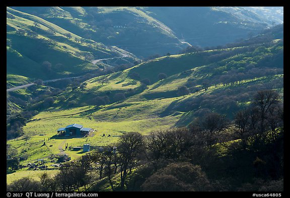 Distant view of barn in valley. Livermore, California, USA