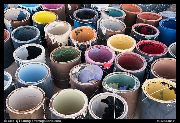 Pots of paint used on Salvation Mountain. Nyland, California, USA (color)