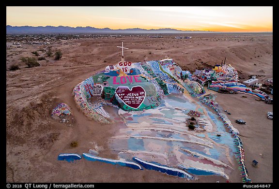 Aerial view of Salvation Mountain at sunrise. Nyland, California, USA