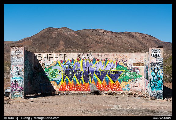 Abandonned building with graffiti along route 66. Mojave Trails National Monument, California, USA